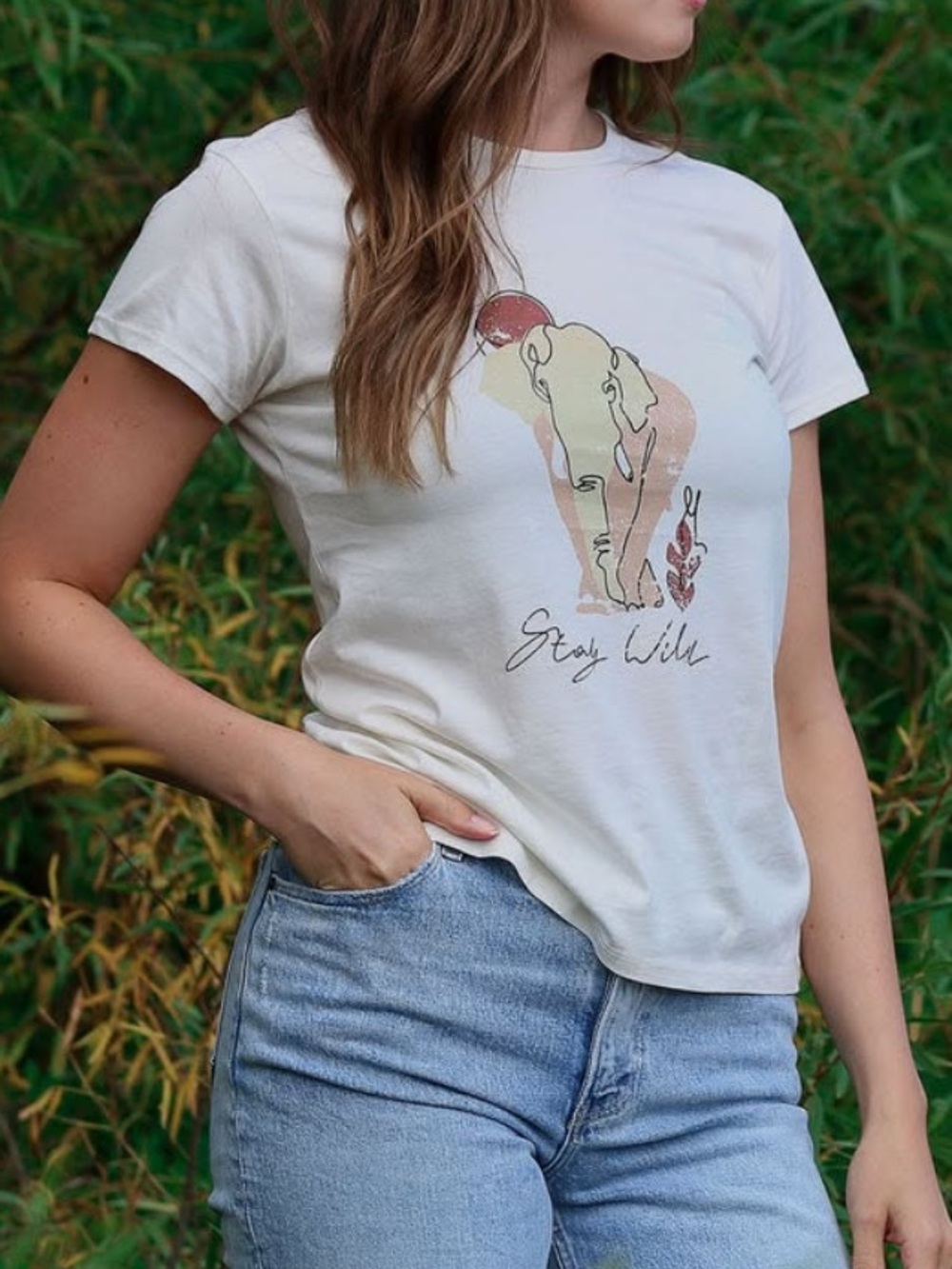 100% Pima Cotton Project Life Women's Stay Wild Elephant Tee in Coconut